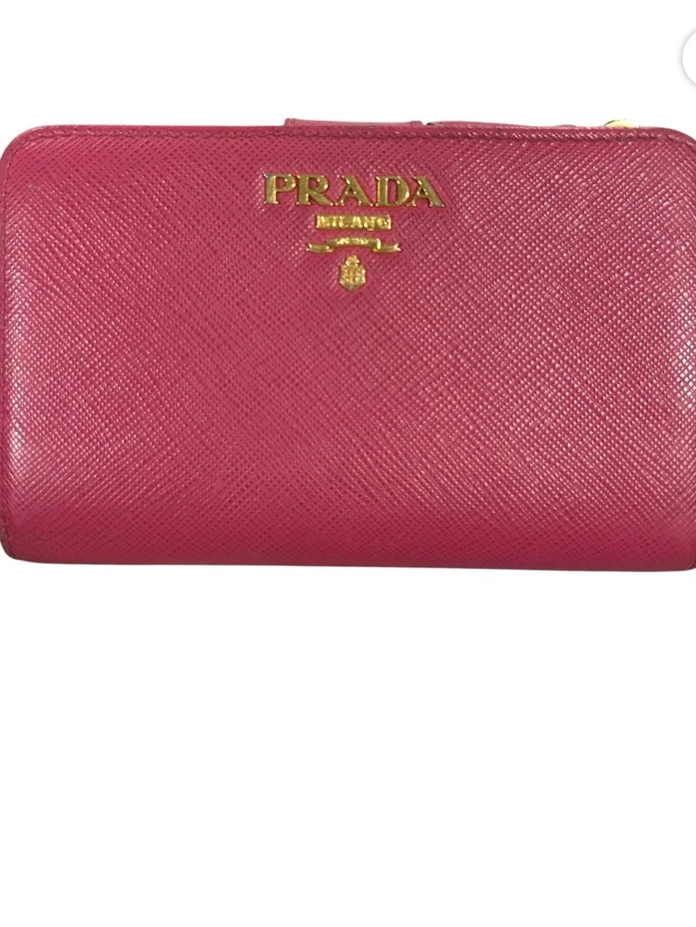 Authentic PRADA Saffiano Leather Bifold Zip Wallet in Bright Peony Pink
